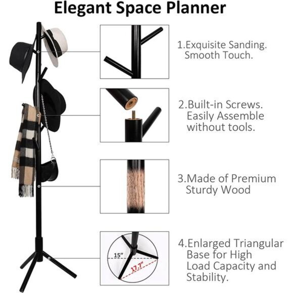 Wooden Tree Coat Rack Stand, 3 Adjustable Sizes, 8 Hooks - Super Easy Assembly - Picture 3 of 7